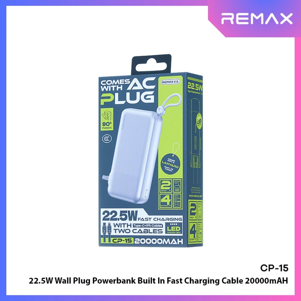 REMAX - CP-15 20000mAh Wall Plug Fast Charging Cabled Power Bank ( PD20W+QC22.5W ) - Silver