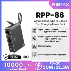 REMAX - RPP-86 10000mAh Wingle Series Type-C Cabled Fast Charging Power Bank (PD30W+QC22.5W) - Grey