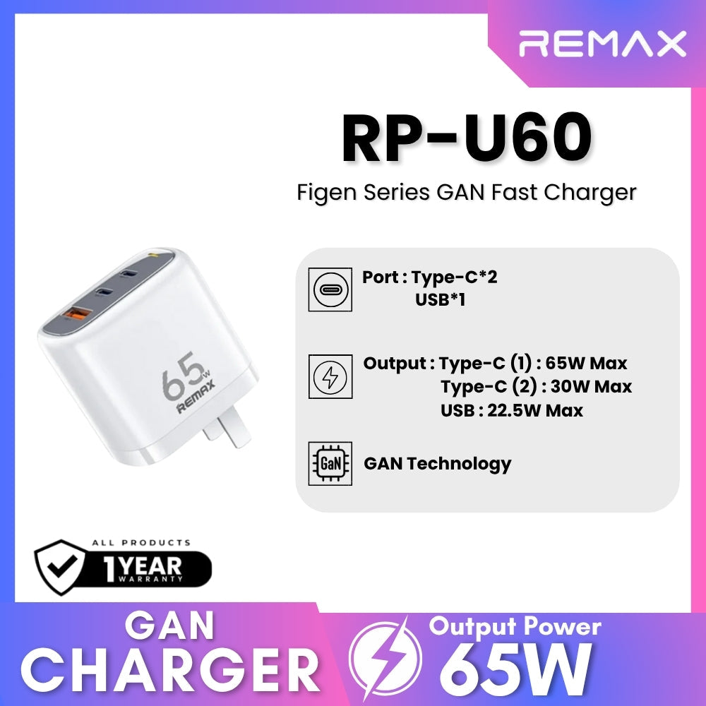 REMAX - RP-U60 Figen Series 65W Gan Folding Charger (2 Type C + 1 USB) - White