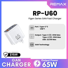 REMAX - RP-U60 Figen Series 65W Gan Folding Charger (2 Type C + 1 USB) - White