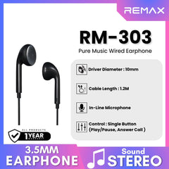 REMAX - RM-303 3.5mm Pure Music Wired Earphone - Black