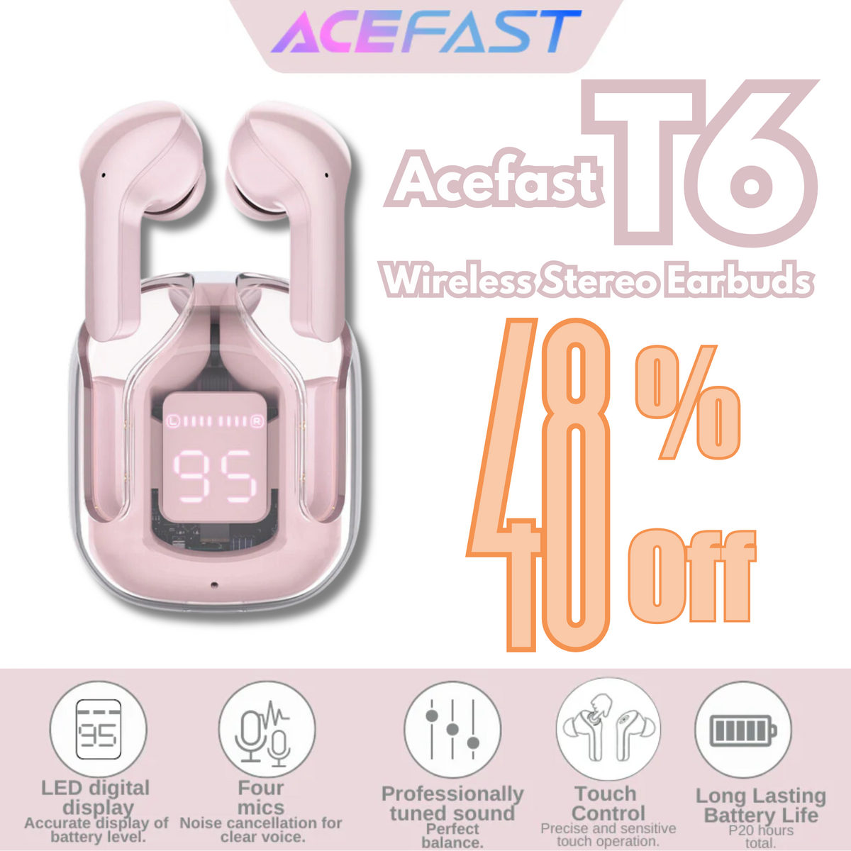 ACEFAST T6 BLEUTOOTH V5.0 ENC TRUE WIRELESS STEREO EARBUDS - PINK