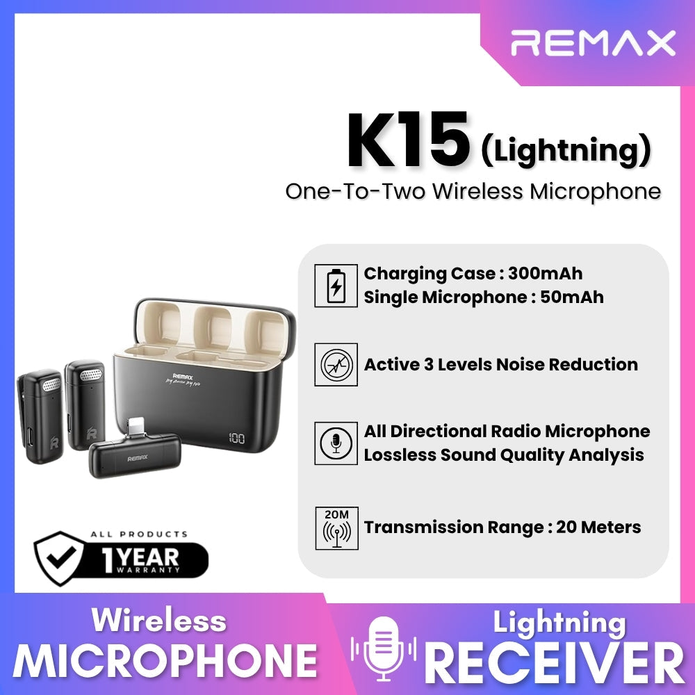REMAX - K15 Lightning One-to-Two Wireless Microphone - Black