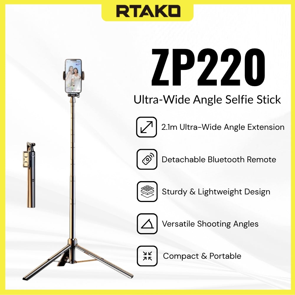 RTAKO - ZP220 Ultra-Wide Angle Selfie Stick - Black