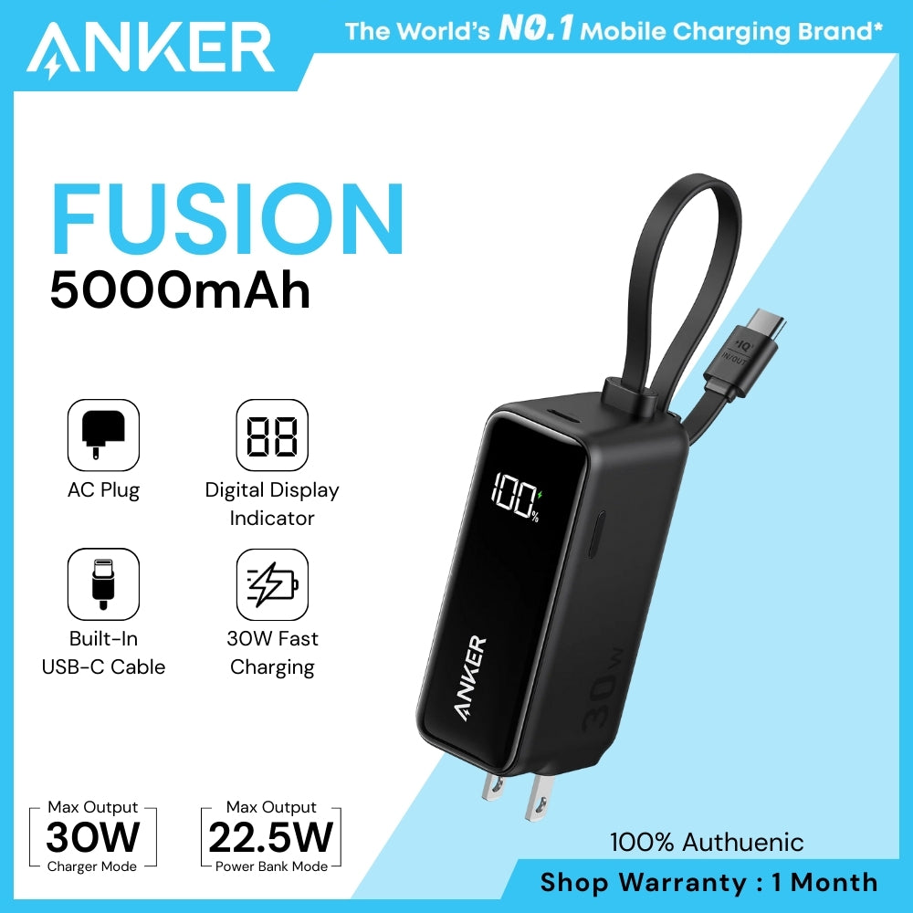 ANKER - FUSION 5000mAh Built-In Cable Power Bank (30W) - Black