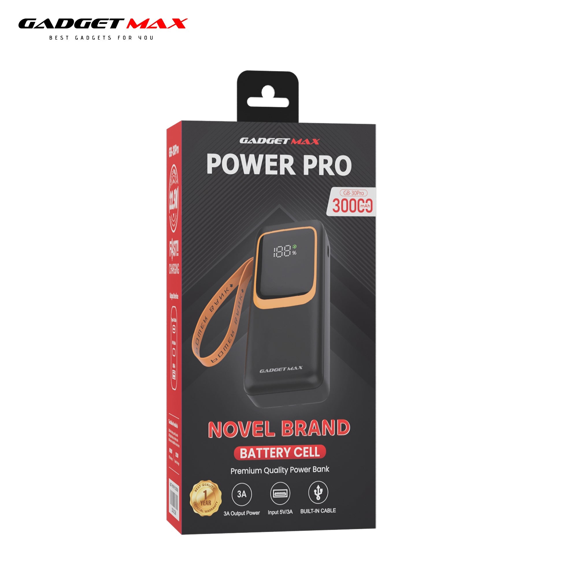 GADGET MAX GB-30PRO 30000MAH PD20W+ QC22.5W WITH CABLE FAST CHARGING POWER PRO DIGITAL DISPLAY POWER BANK (OUTPUT-4USB)(TYPE C-IN/OUT)(IPH-IN/OUT)