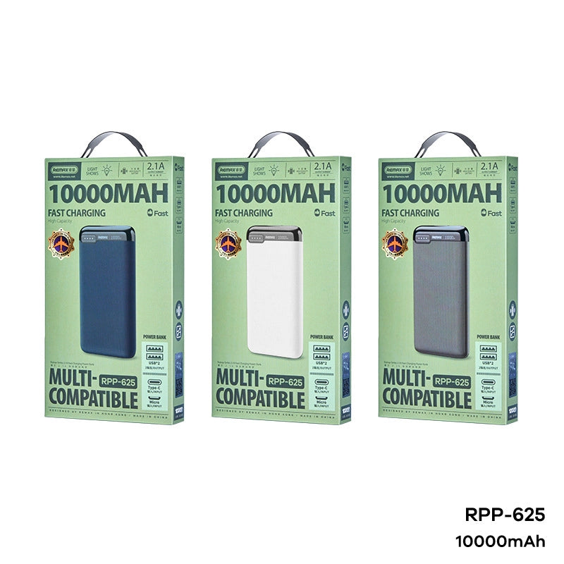 REMAX RPP-625 10000mAh RUINAY SERIES 2.1A FAST CHARGING POWER BANK (INPUT-TYPE-C/MICRO) (OUTPUT-USB 1/2) Power Bank (2.0A)