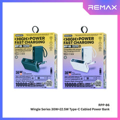 REMAX - RPP-86 10000mAh Wingle Series Type-C Cabled Fast Charging Power Bank (PD30W+QC22.5W) - Grey