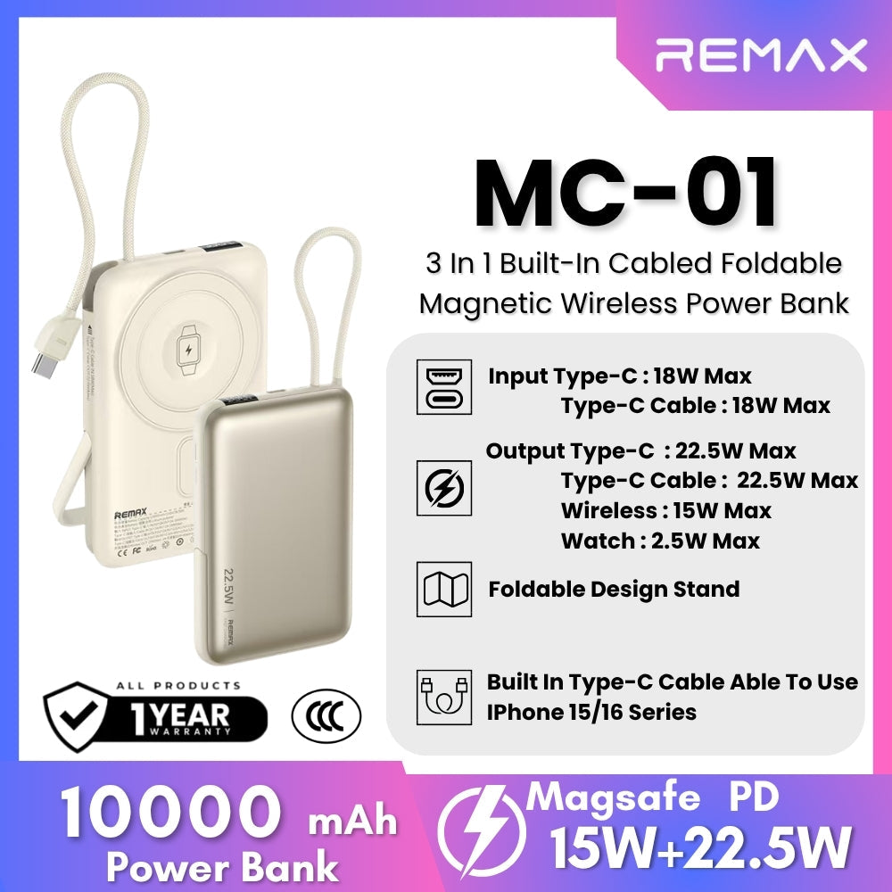 REMAX - MC-01 10000mAh 3 In 1 Cable Foldable Magnetic Wireless Charging Power Bank (PD22.5W+Magsafe15W) - Silver