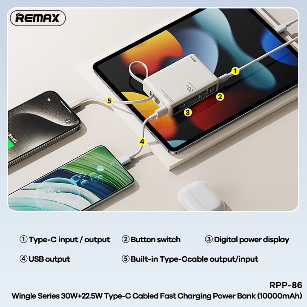 REMAX - RPP-86 10000mAh Wingle Series Type-C Cabled Fast Charging Power Bank (PD30W+QC22.5W) - Grey