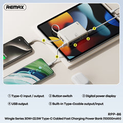 REMAX - RPP-86 10000mAh Wingle Series Type-C Cabled Fast Charging Power Bank (PD30W+QC22.5W) - Grey