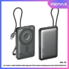 REMAX - MC-01 10000mAh 3 In 1 Cable Foldable Magnetic Wireless Charging Power Bank (PD22.5W+Magsafe15W) - Grey