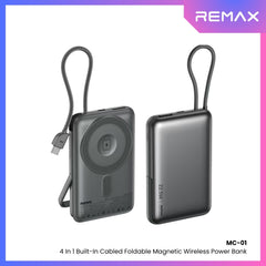 REMAX - MC-01 10000mAh 3 In 1 Cable Foldable Magnetic Wireless Charging Power Bank (PD22.5W+Magsafe15W) - Grey