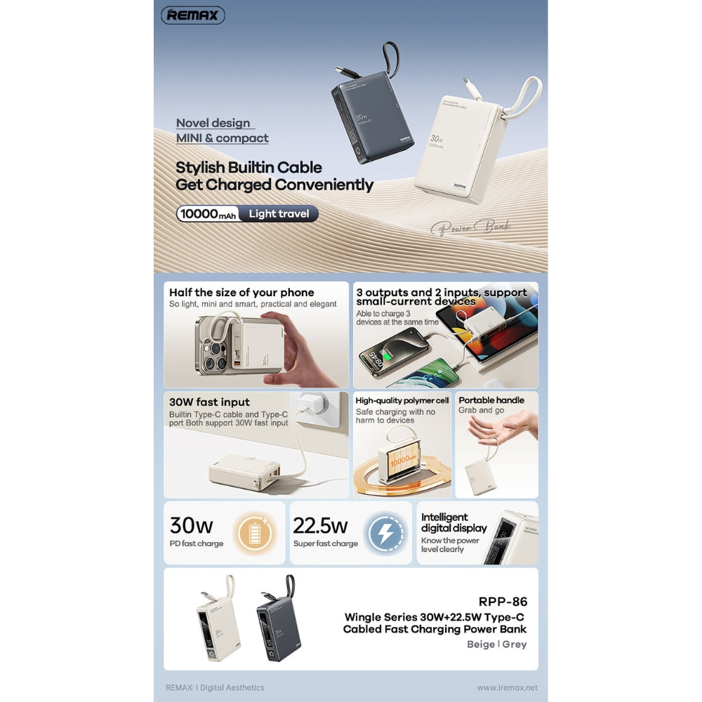 REMAX - RPP-86 10000mAh Wingle Series Type-C Cabled Fast Charging Power Bank (PD30W+QC22.5W) - Grey