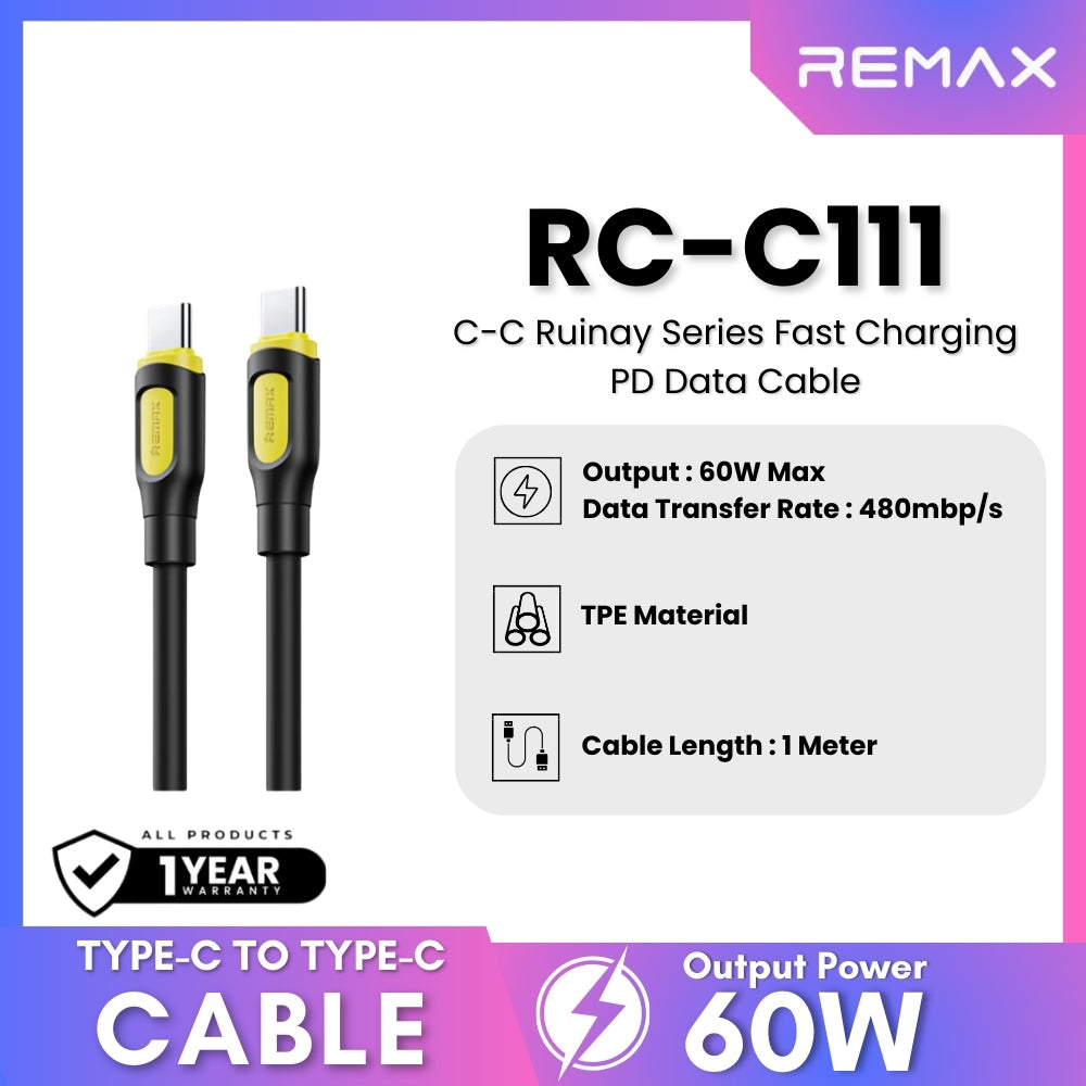 REMAX - RC-C111 C-C Ruinay Series Type-C to Type-C Fast Charging Cable (60W) - Black