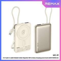 REMAX - MC-01 10000mAh 3 In 1 Cable Foldable Magnetic Wireless Charging Power Bank (PD22.5W+Magsafe15W) - Silver