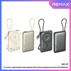 REMAX - MC-01 10000mAh 3 In 1 Cabled Foldable Magnetic Wireless Charging Power Bank (PD22.5W+Magsafe15W) - Silver
