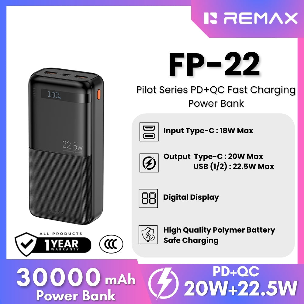 REMAX - FP-22 30000mAh Pilot Series PD+QC Fast Charging Power Bank ( PD20W+QC22.5W ) - Black