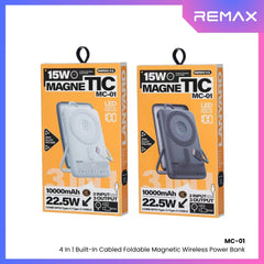 REMAX - MC-01 10000mAh 3 In 1 Cable Foldable Magnetic Wireless Charging Power Bank (PD22.5W+Magsafe15W) - Silver