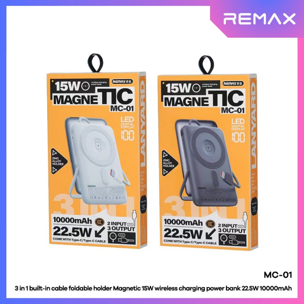 REMAX - MC-01 10000mAh 3 In 1 Cabled Foldable Magnetic Wireless Charging Power Bank (PD22.5W+Magsafe15W) - Silver