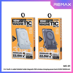 REMAX - MC-01 10000mAh 3 In 1 Cabled Foldable Magnetic Wireless Charging Power Bank (PD22.5W+Magsafe15W) - Silver