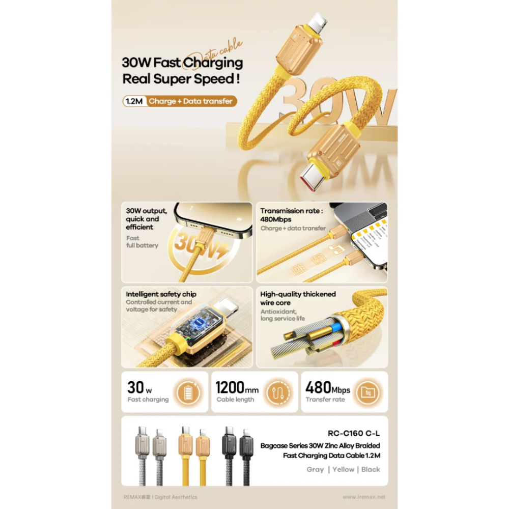 REMAX RC-C160 Bagcase Series 30W Type-C to Lightning PD Fast Charging Data Cable - Gold