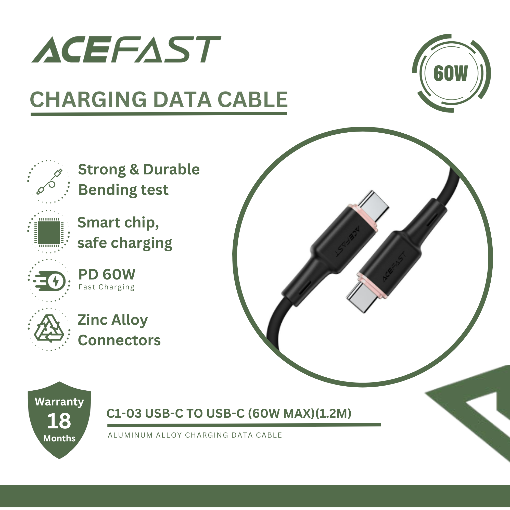 ACEFAST C2-03 USB-C TO USB-C ZINC ALLOY SILICONE CHARGING DATA CABLE (60W MAX)(1.2M) - WHITE