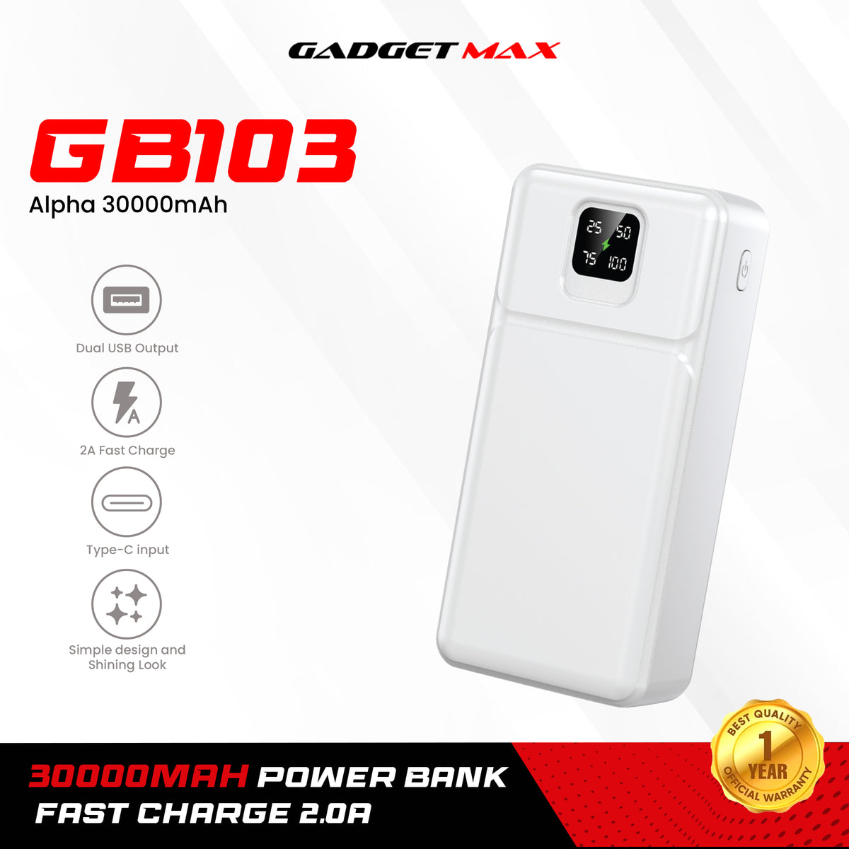 Gadget Max GB103 Alpha Series 30000mAh Power Bank - White