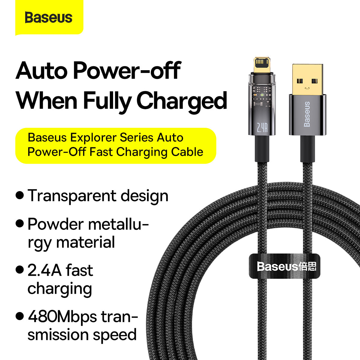 (Buy 1 Get 1) Baseus Explorer Series Auto Power-Off 2.4A iPhone Charging Data Cable (2M) - Black