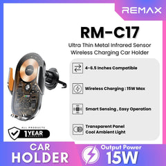 REMAX - RM-C17 Ultra Thin Metal Smart Infrared Sensor Wireless Charging Car Holder (15W) - Black