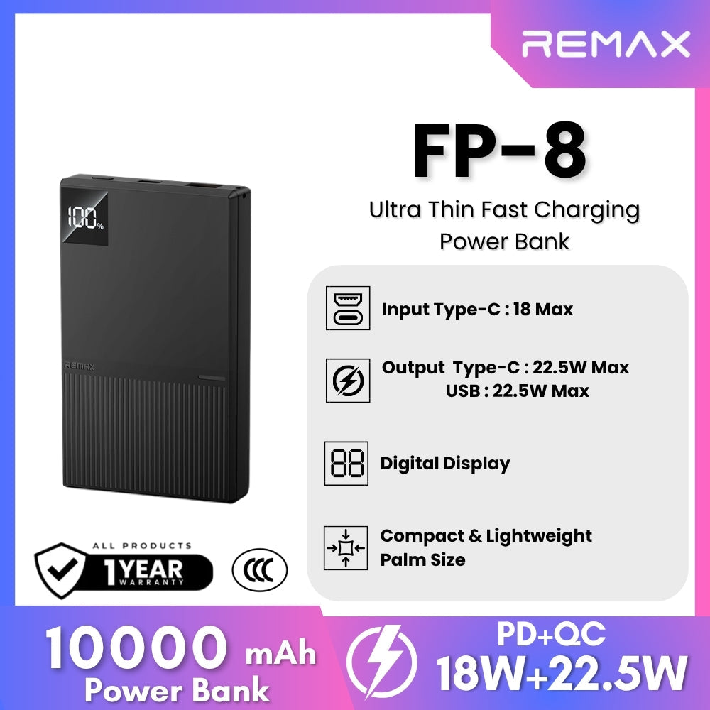 REMAX -  FP-8 10000mAh Ultra Thin Fast Charging Power Bank (PD20W+QC22.5W) - Black