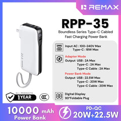 REMAX - RPP-35 10000mAh Boundless Series Fast Charging Cable Powerbank ( PD20W + QC22.5W ) - White