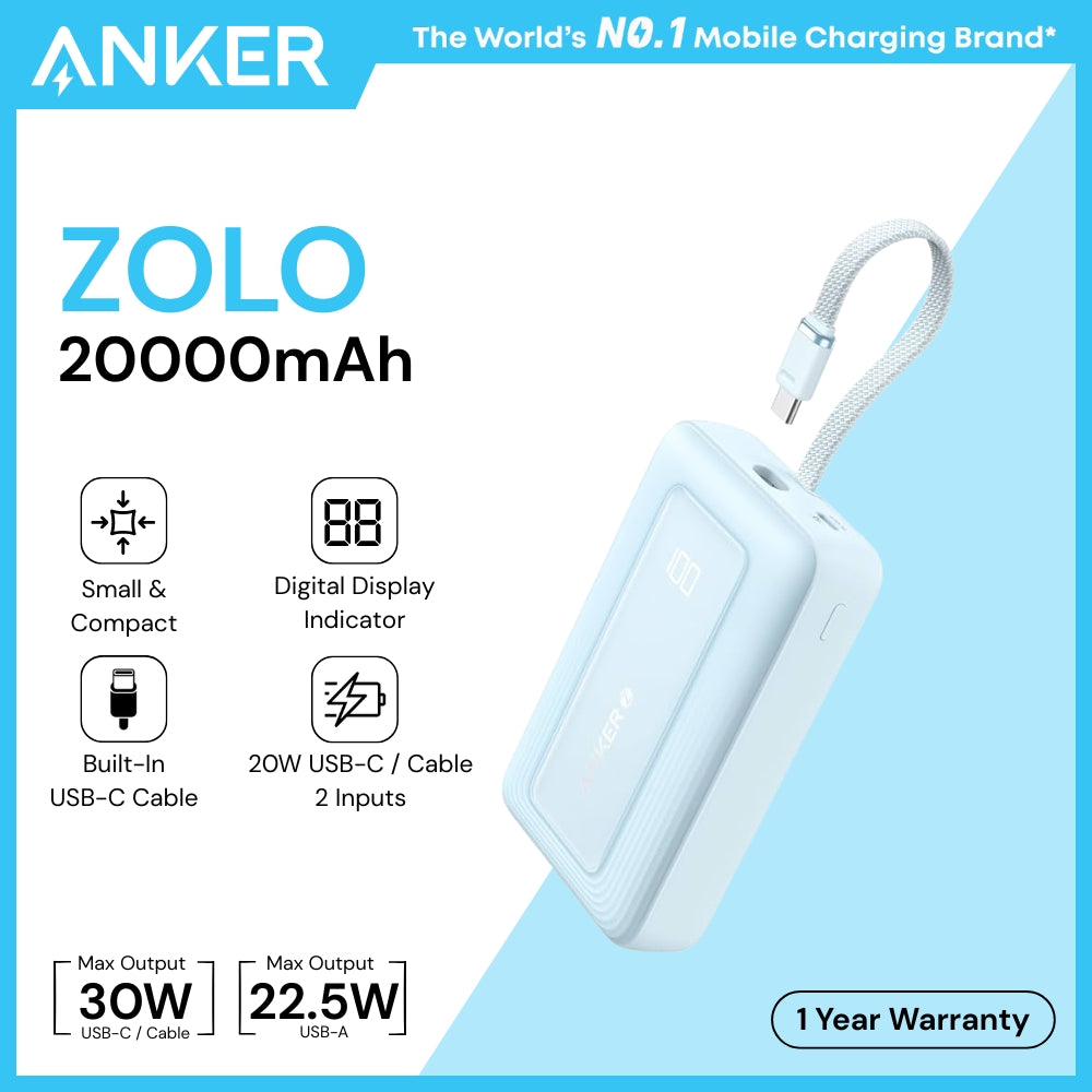 ANKER - ZOLO 20000mAh Built-In USB-C Cable Power Bank ( 30W ) - Blue