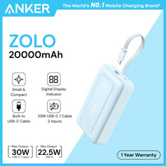 ANKER - ZOLO 20000mAh Built-In USB-C Cable Power Bank ( 30W ) - Blue