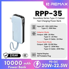 REMAX - RPP-35 10000mAh Boundless Series Fast Charging Cable Powerbank ( PD20W + QC22.5W ) - Blue