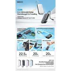 REMAX - RPP-35 10000mAh Boundless Series Fast Charging Cable Powerbank ( PD20W + QC22.5W ) - White