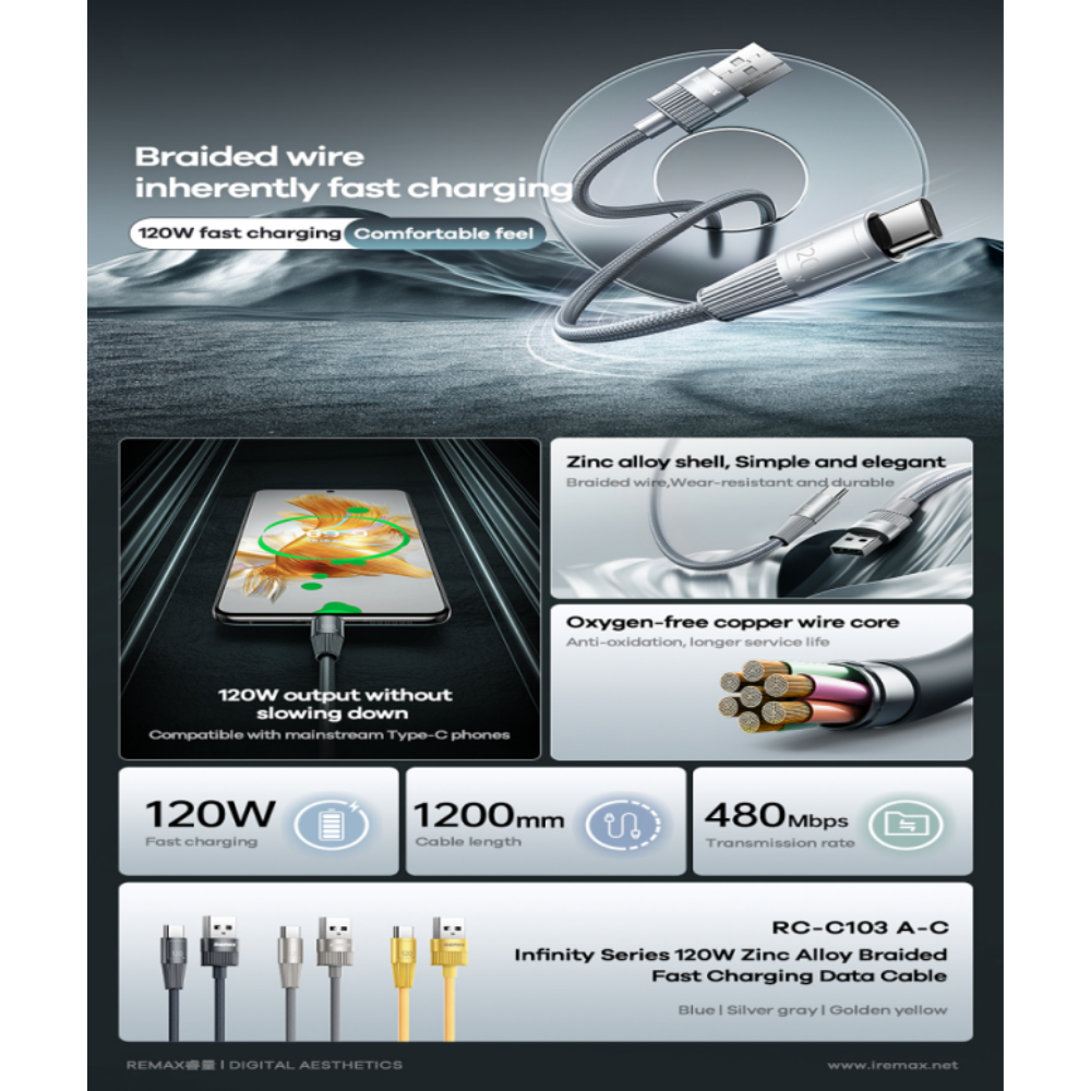 REMAX RC-C103A Infinity Series 120W USB to Type-C Fast Charging Data Cable - Gold