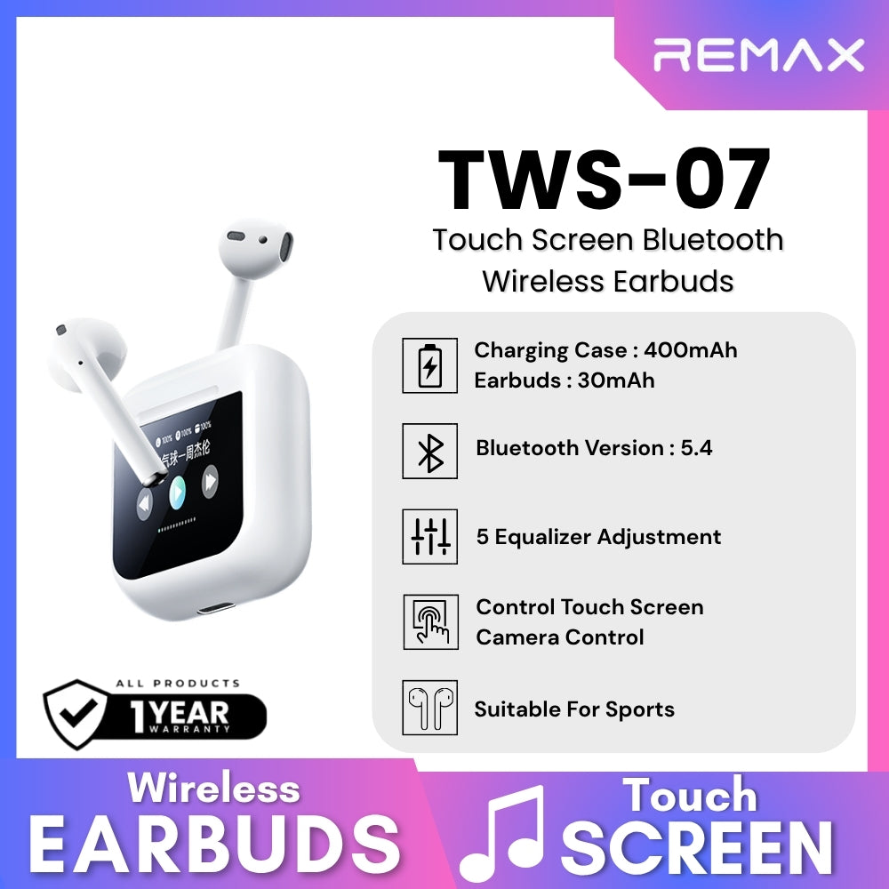 REMAX - TWS-07 Touch Screen Bluetooth WIreless Earbuds - White