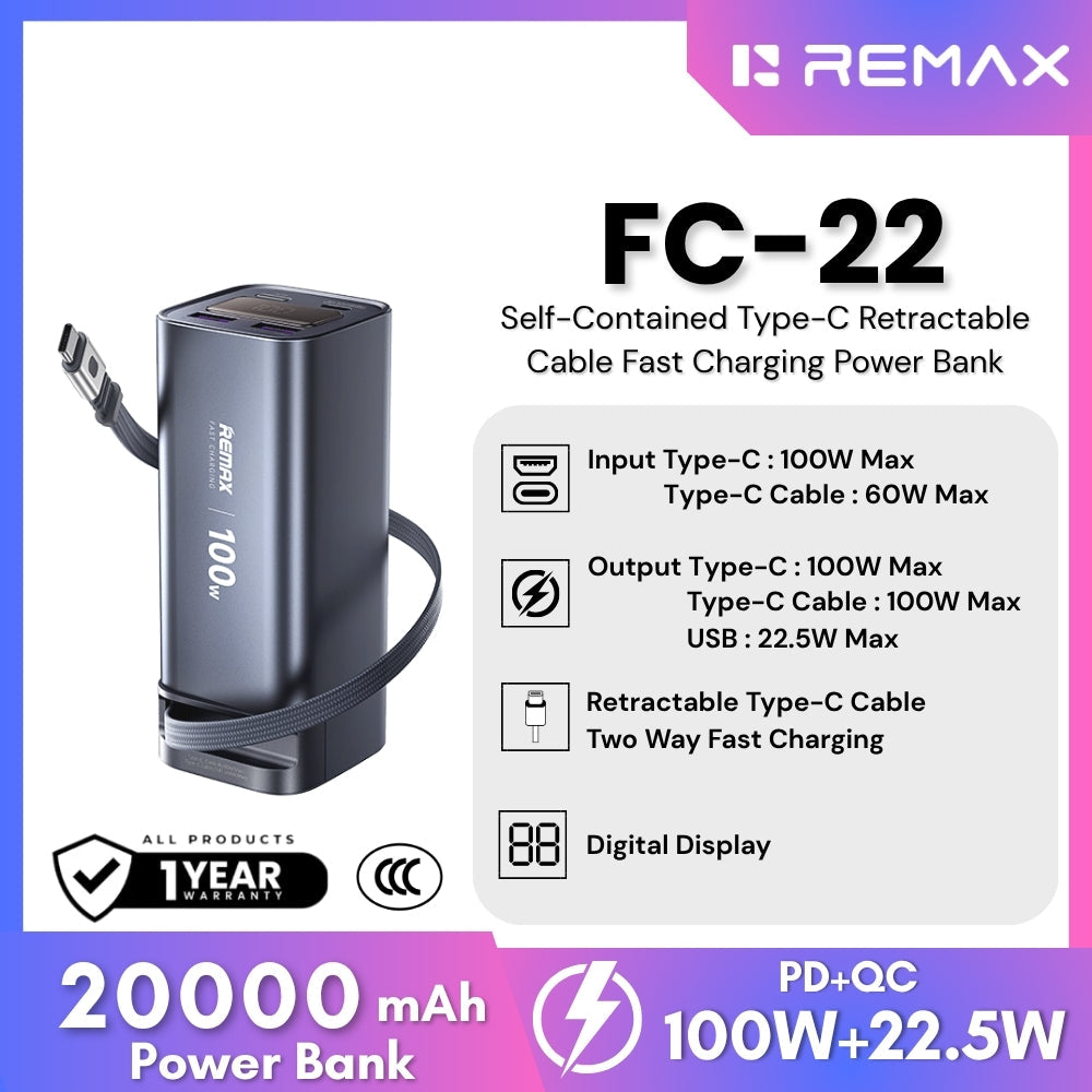 REMAX - FC-22 20000mAh 100W Self-Contained Type-C Retractable Cable Fast Charging Power Bank - Grey