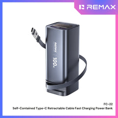 REMAX - FC-22 20000mAh 100W Self-Contained Type-C Retractable Cable Fast Charging Power Bank - Grey
