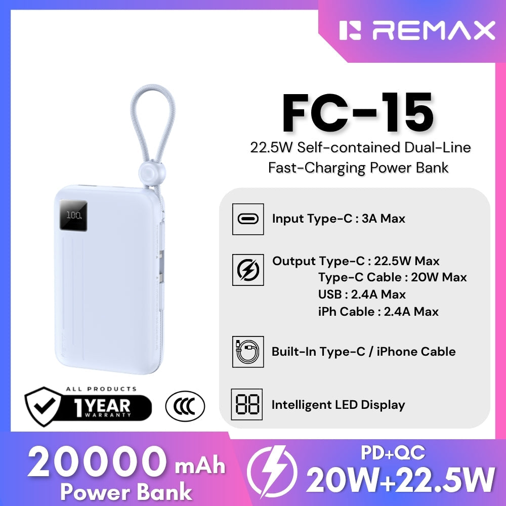 REMAX - FC-15 20000mAh 22.5W Self-Contained Dual-Line Fast Charging Power Bank - Blue