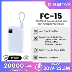 REMAX - FC-15 20000mAh 22.5W Self-Contained Dual-Line Fast Charging Power Bank - Blue