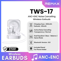 REMAX - TWS-17 ANC+ENC Dual Equalizer Noise Cancelling Bluetooth Wireless Earbuds - Silver