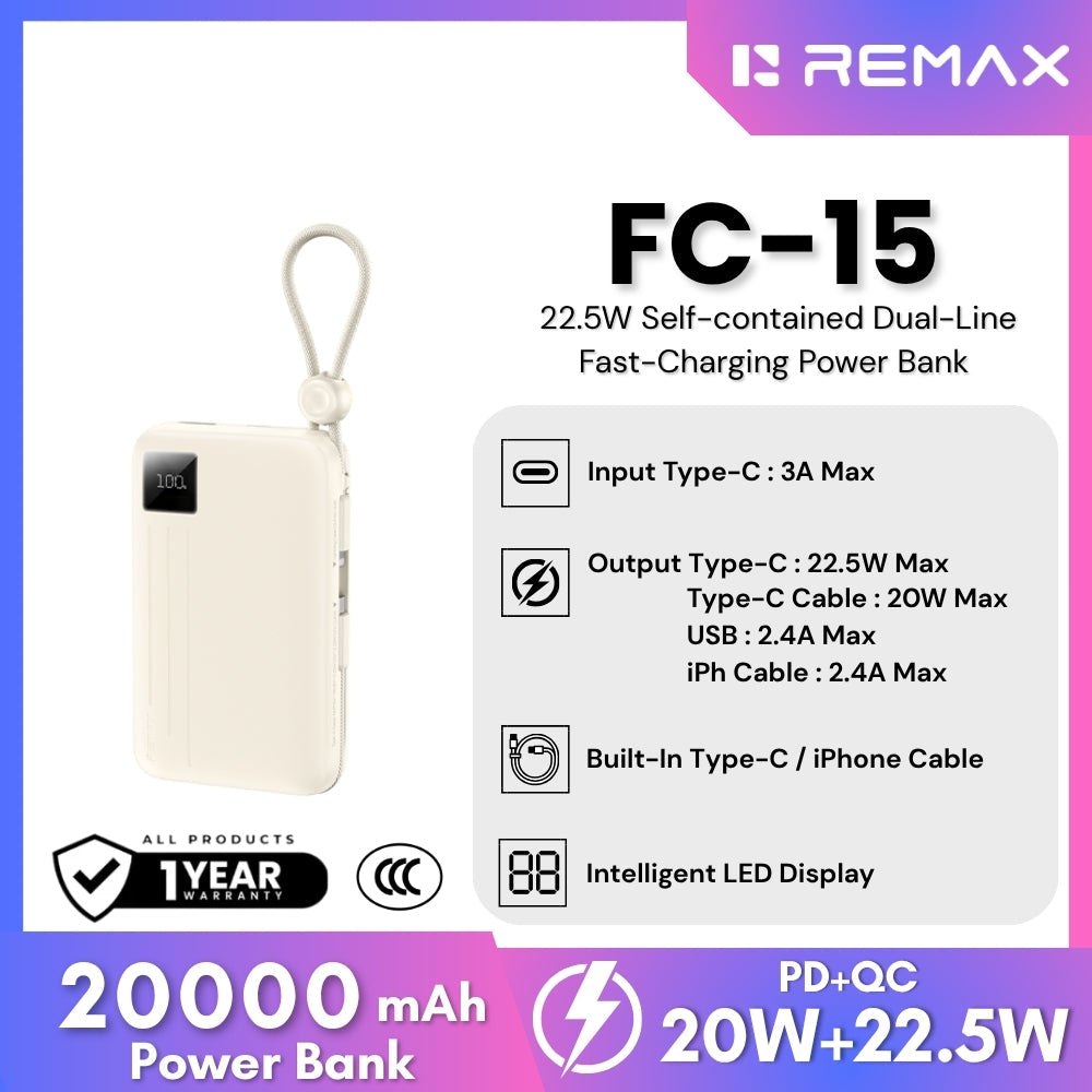 REMAX - FC-15 20000mAh 22.5W Self-Contained Dual-Line Fast Charging Power Bank - Beige