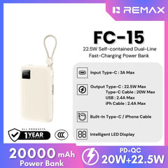 REMAX - FC-15 20000mAh 22.5W Self-Contained Dual-Line Fast Charging Power Bank - Beige