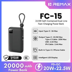 REMAX - FC-15 20000mAh 22.5W Self-Contained Dual-Line Fast Charging Power Bank - Black