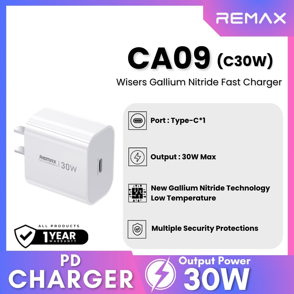 REMAX - CA09 (C30W) Wisers Gallium Nitride Fast Charger ( PD30W ) - White
