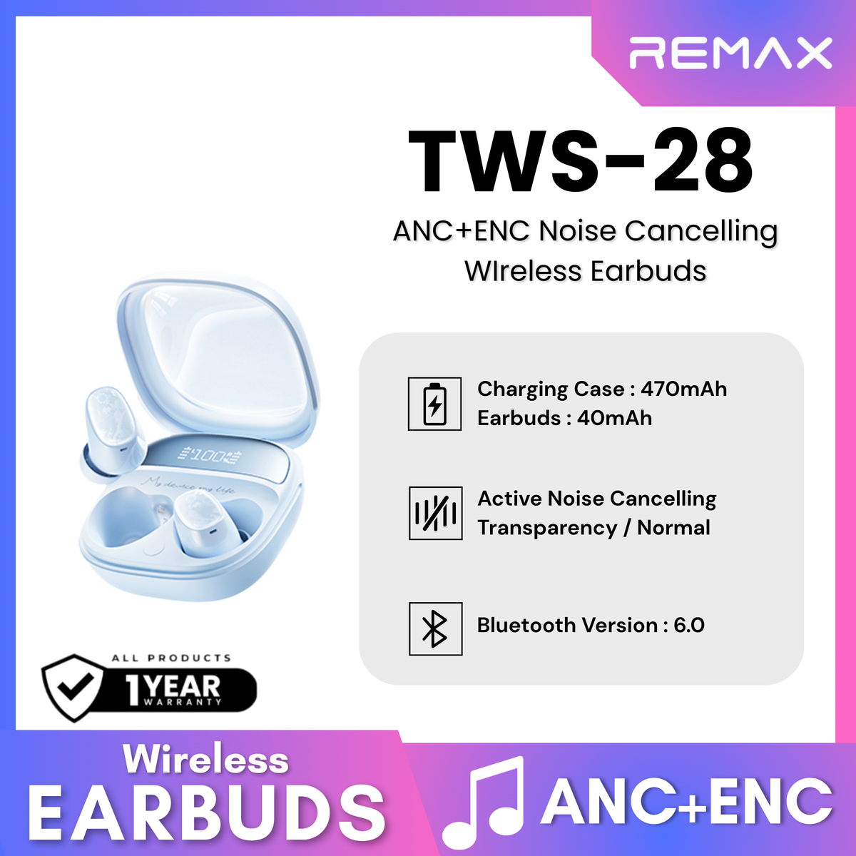 REMAX - TWS-28 True Wireless Stereo Earbuds with ANC+ENC Earbuds - Blue