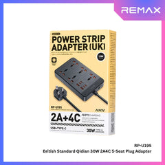 REMAX - RP-U195 British Standard Qidian 2A4C 5-Seat Plug Adapter ( 30W, 2A4C | 5AC ) - Black