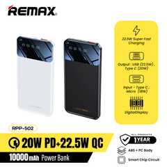 REMAX RPP-502 (10000MAH) HUNCH SERIES PD 20W+QC 18W FAST CHARGING POWER BANK RPP-502 (10000MAH)-Black